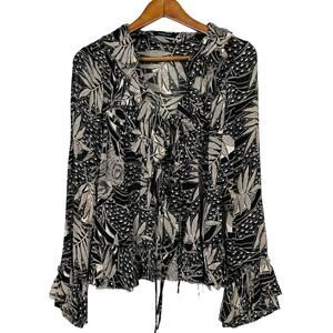 Lorena Conti Tie Front Tunic Blouse Fringe V Neck Long Sleeve - S